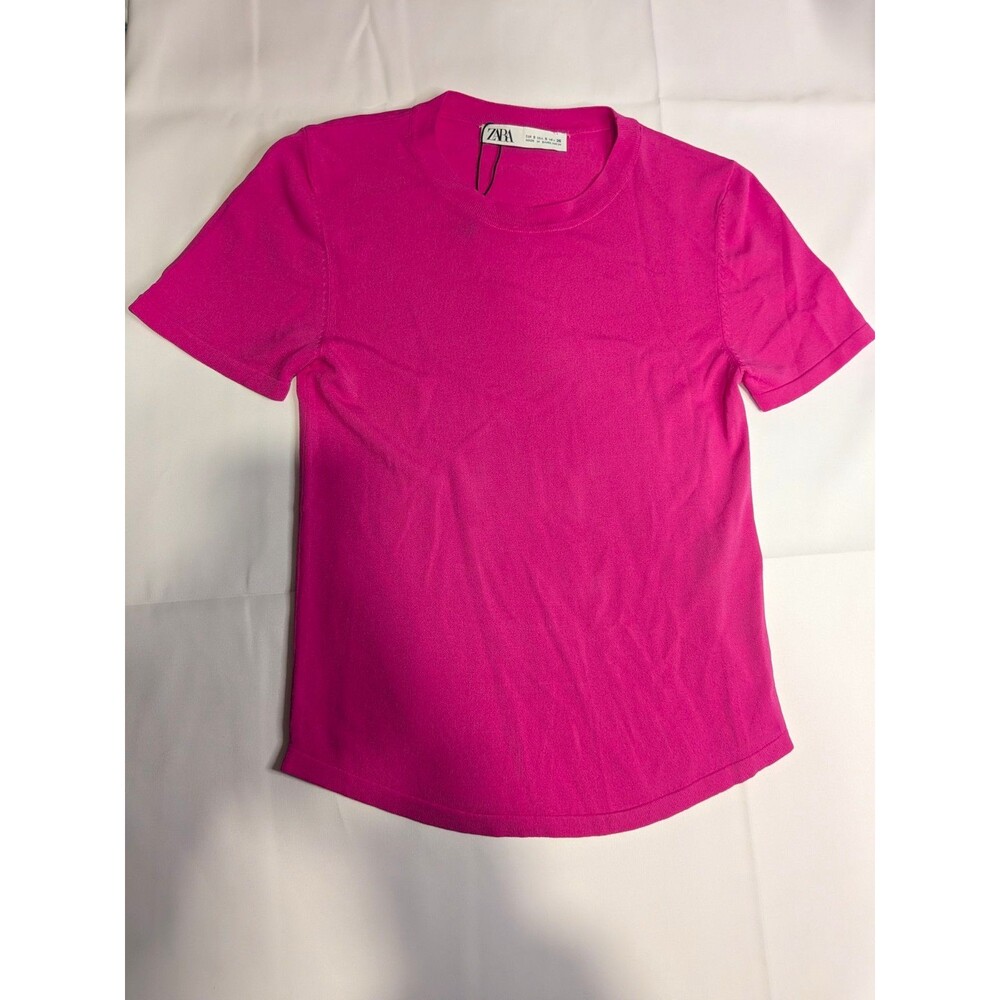 Zara Women’s S Pink Solid Knit Crew Neck Short Sleeve T-Shirt Viscose Nylon